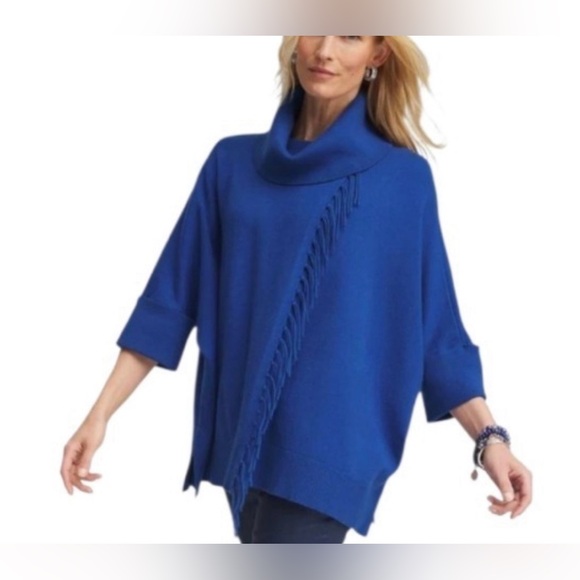 CHICO'S Cowl Neck Fringe Cashmere Blend Poncho L/XL Blue - Picture 3 of 4